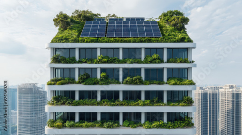 Office building with green roofs and solar panels, carbon footprint, corporate sustainability  photo