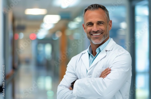 Smiling Doctor in White Coat Standing in Hospital Corridor