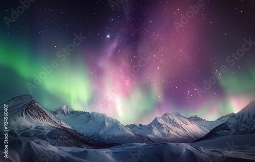 Aurora Borealis Illuminates Snow-Capped Mountains Under Starry Sky at Night