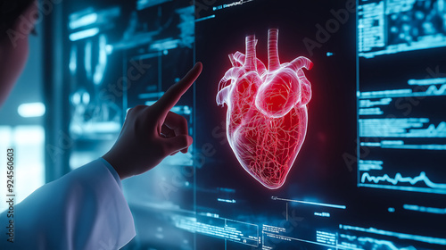 A hand of doctor points at a human heart X-ray on a monitor. The concept focuses on medical analysis, precision, and the importance of heart health. Generative AI.