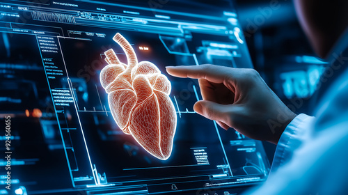 A hand of doctor points at a human heart X-ray on a monitor. The concept focuses on medical analysis, precision, and the importance of heart health. Generative AI.