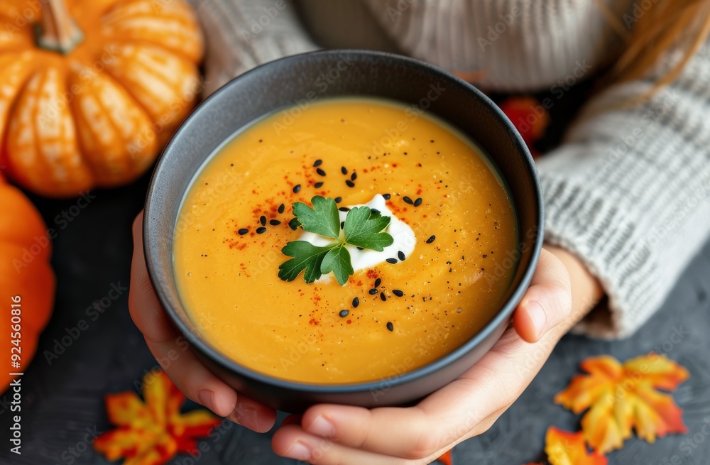Warm Pumpkin Soup Served in a Bowl Surrounded by Autumn Decor Warm Pumpkin Soup Served in a Bowl Surrounded by Autumn Decor