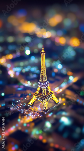 Stunning Tilt-Shift Photography of the Eiffel Tower at Night: Illuminated Icon of Paris in a Dreamlike Miniature Perspective photo