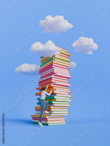 Woman Climbing a Tall Stack of Colorful Books with Clouds on Blue Background