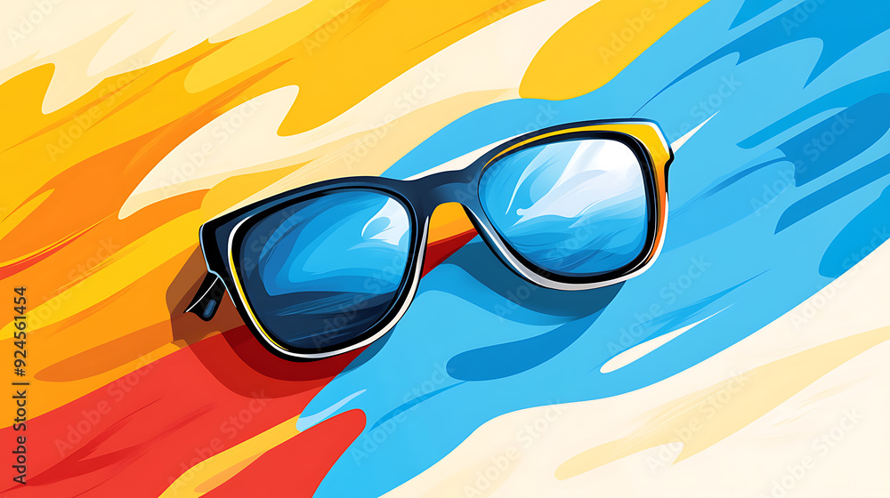 2. An iconic pair of sunglasses depicted in a comic book style, with exaggerated reflections and vibrant hues 2. An iconic pair of sunglasses depicted in a comic book style, with exaggerated reflections and vibrant hues