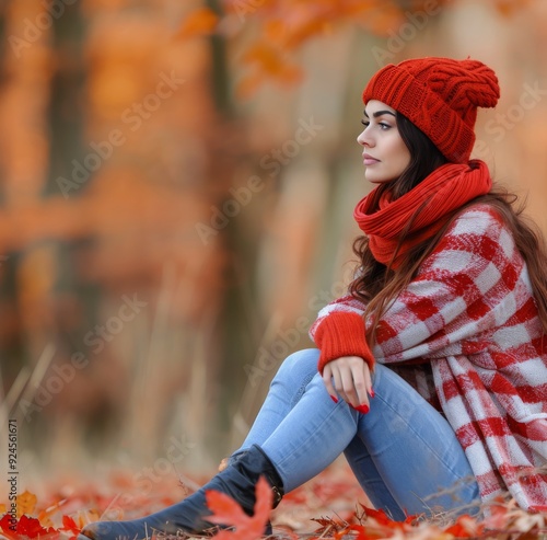 Young Woman Sitting in Colorful Autumn Leaves Wearing Cozy Sweater and Beanie