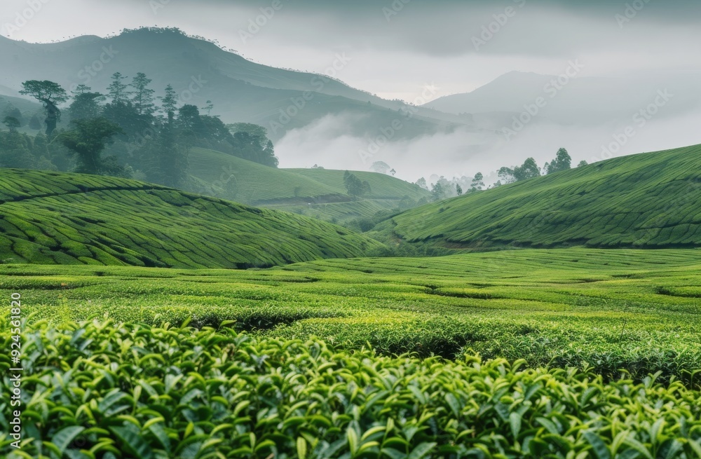 Lush Tea Plantation Landscape at Sunrise in the Mountains Lush Tea Plantation Landscape at Sunrise in the Mountains