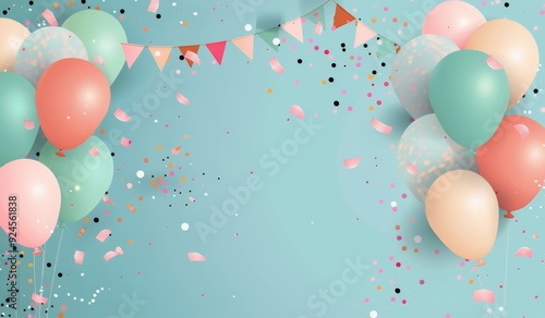 Colorful Balloons and Confetti Against a Light Blue Background for Celebration