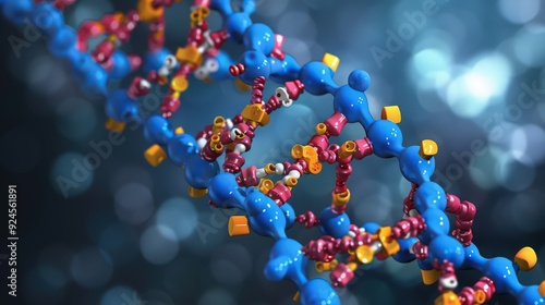 Illustration of DNA's nucleotide components, including the deoxyribose sugar, phosphate group, and nitrogenous bases. photo