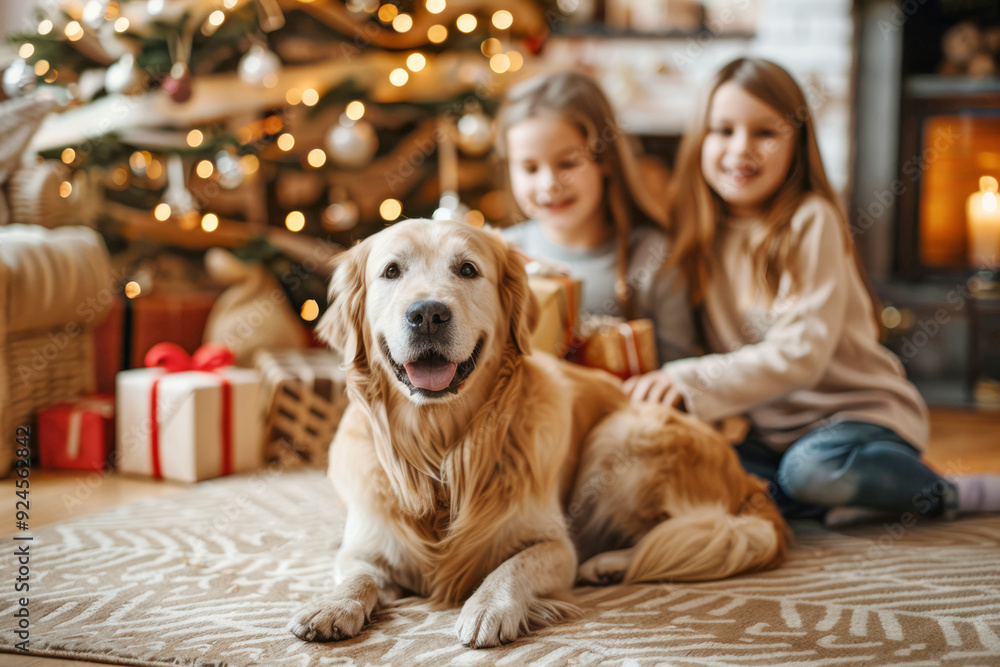 A happy family with a dog is sitting at home on the floor against the background of a Christmas tree. Spending time together during the New Year. A happy family with a dog is sitting at home on the floor against the background of a Christmas tree. Spending time together during the New Year.