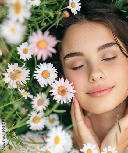 Young Woman With Daisies in a Field During Summer Afternoon
