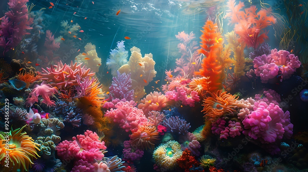 Fototapeta premium An enchanting coral garden aquarium featuring bright corals, colorful reef fish, and swaying anemones. The scene is bathed in soft, natural light, highlighting the vivid colors and intricate details.
