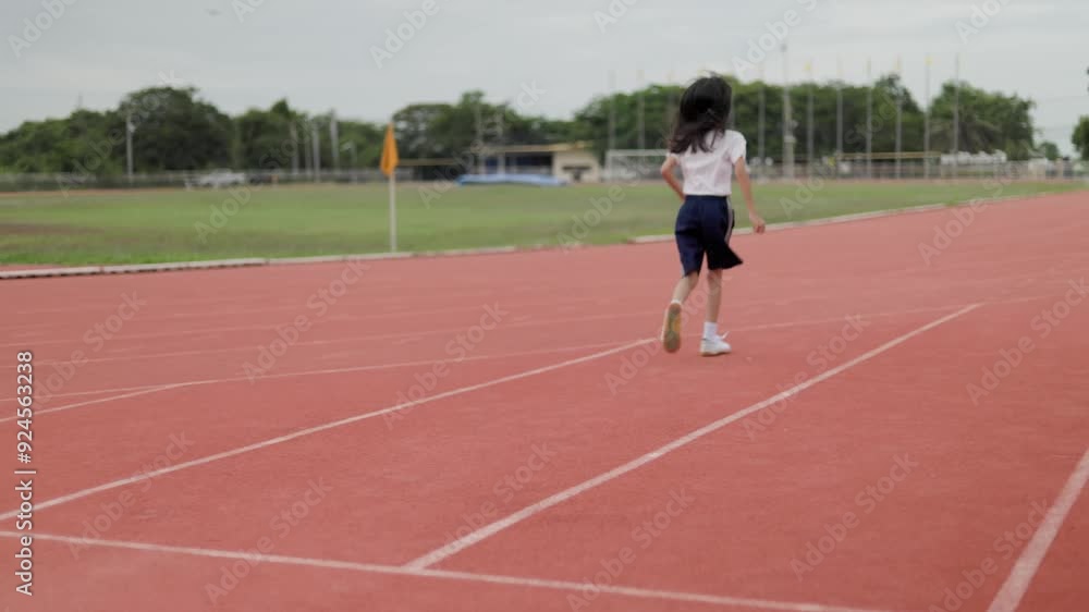A cute elementary school girl. is practicing run from the start point on the red running track in the stadium with a different pose. to exercise diligently on the weekend morning and keep her body fit A cute elementary school girl. is practicing run from the start point on the red running track in the stadium with a different pose. to exercise diligently on the weekend morning and keep her body fit