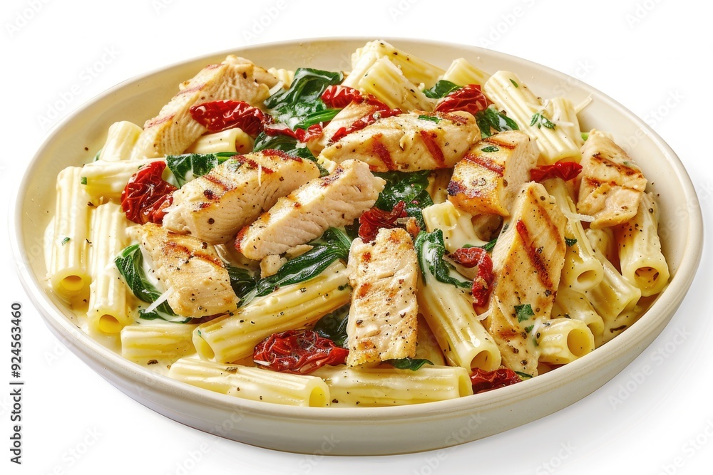 A delicious pasta dish with grilled chicken, sun-dried tomatoes, and spinach. A delicious pasta dish with grilled chicken, sun-dried tomatoes, and spinach.