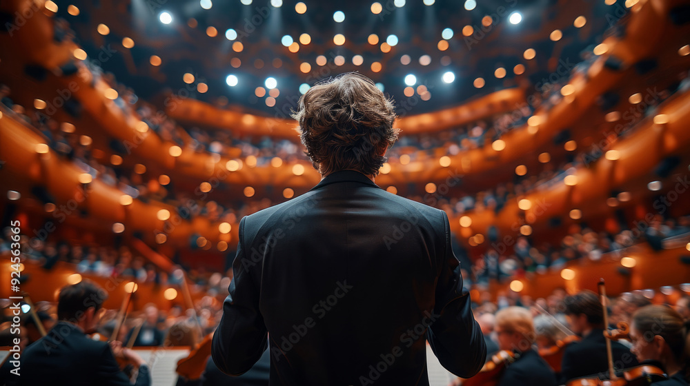 The conductor stands in the center of an open theater and leads the orchestra at a symphony concert The conductor stands in the center of an open theater and leads the orchestra at a symphony concert