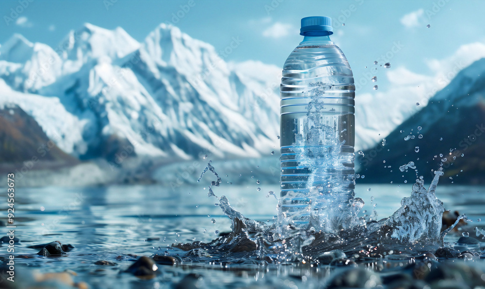 A flat plastic bottle of water with splashes of clear, clean mountain lake water in front of forest and snowcapped mountains