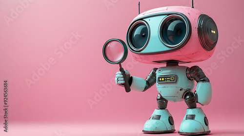 A colorful robot character holding a magnifying glass, set against a soft pink background, perfect for technology or innovation themes. photo