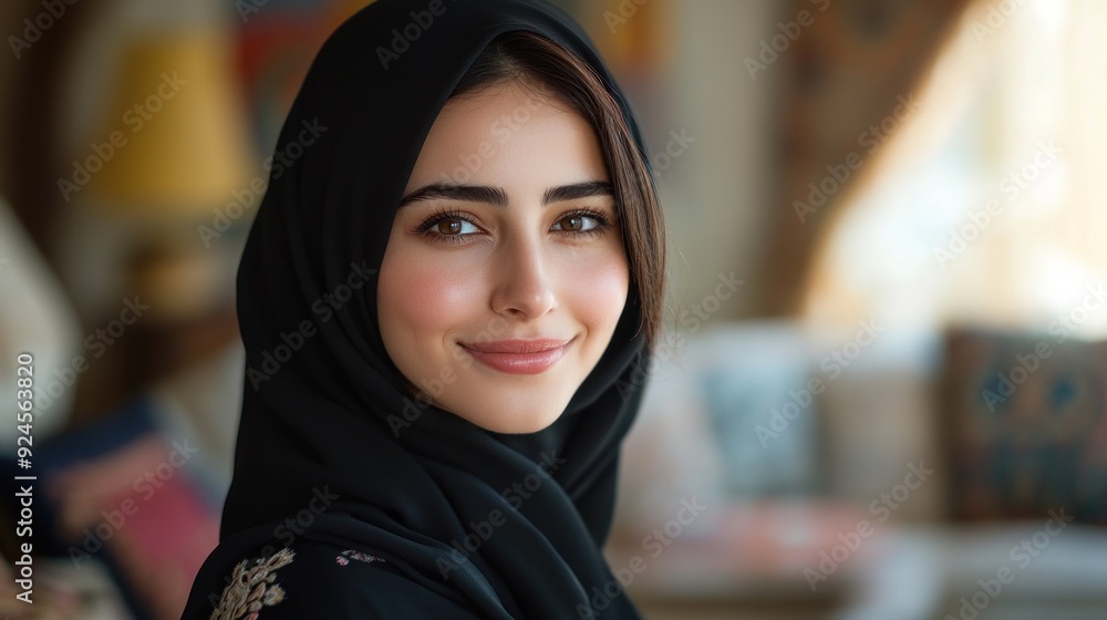 Smiling woman in black hijab with blurred interior decor Smiling woman in black hijab with blurred interior decor