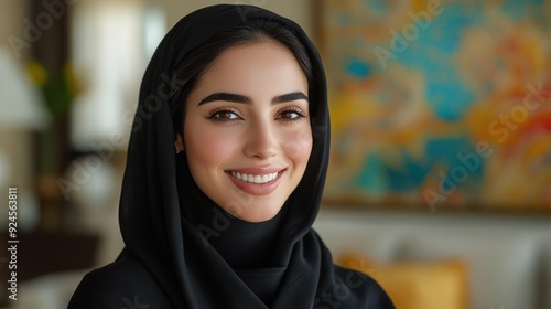 Woman in hijab smiling, blurred colorful backdrop