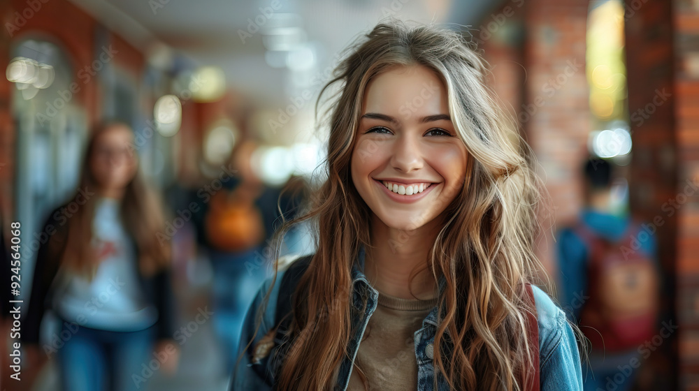 Happy blonde woman in casual clothes smiling in a busy corridor Happy blonde woman in casual clothes smiling in a busy corridor