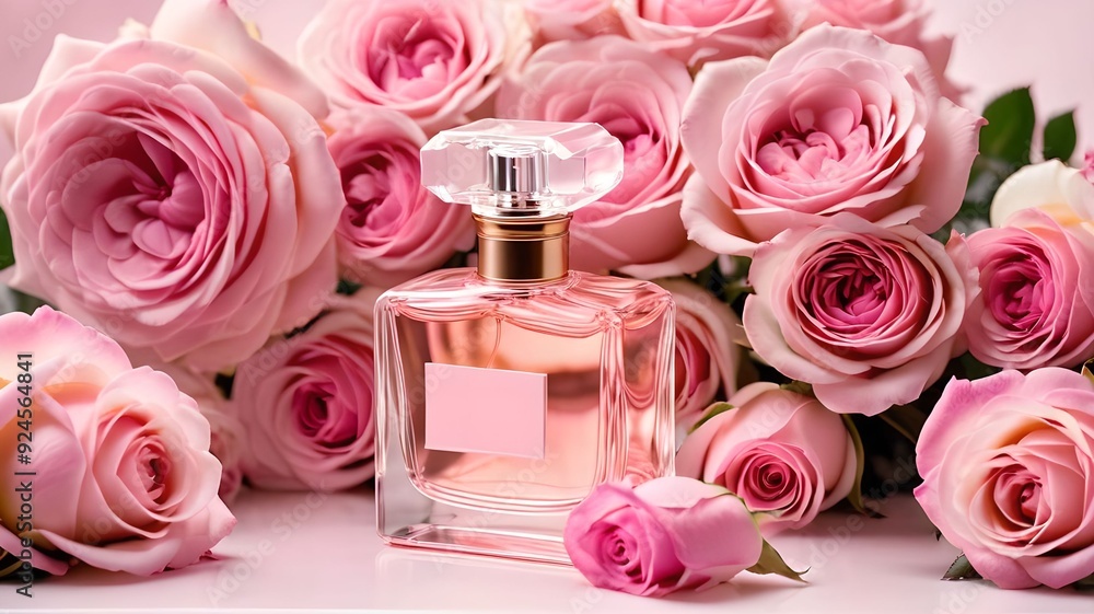 The pink perfume bottle surrounded by roses creates a romantic and luxurious aesthetic. The pink perfume bottle surrounded by roses creates a romantic and luxurious aesthetic.