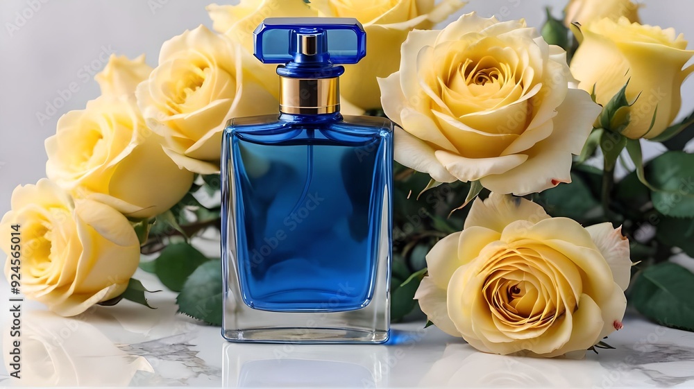 The blue perfume bottle surrounded by yellow roses creates a romantic and luxurious aesthetic. The blue perfume bottle surrounded by yellow roses creates a romantic and luxurious aesthetic.