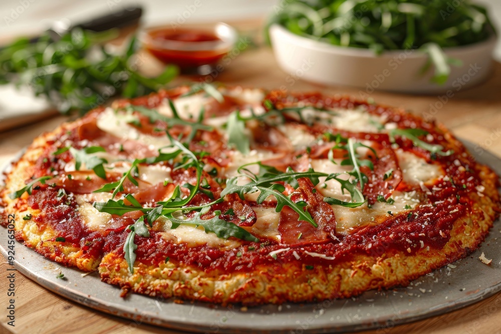 A delicious pizza topped with cheese, ham, and arugula on a wooden surface. A delicious pizza topped with cheese, ham, and arugula on a wooden surface.