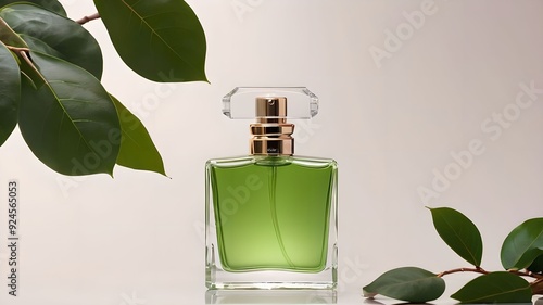 Green perfume bottle surrounded by a ficus, creating a romantic and luxurious aesthetic.