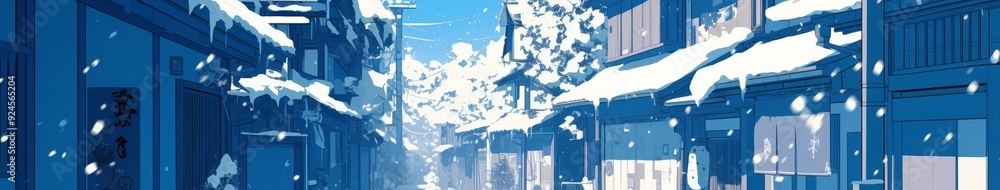Fototapeta premium Enchanting Winter Night in Anime-Style Snowy Alley: Dreamy Japanese Street Scene for Creative Marketing, Travel Destinations, and Holiday Resort Promotions. 2025 Seasonal Art in 4K Resolution, AI-Gene