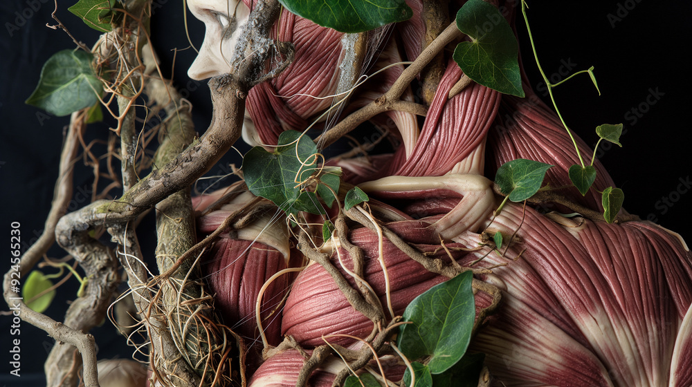 Detailed anatomical diagram of muscles intertwined with nature, where ...