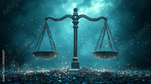 Symbolic representation of justice with balanced scales in a mystical atmosphere, embodying the concept of fairness and truth.