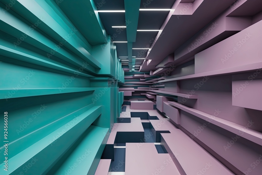 Obraz premium Futuristic Three-Dimensional Surreal Linear Patterns in Teal and Mauve
