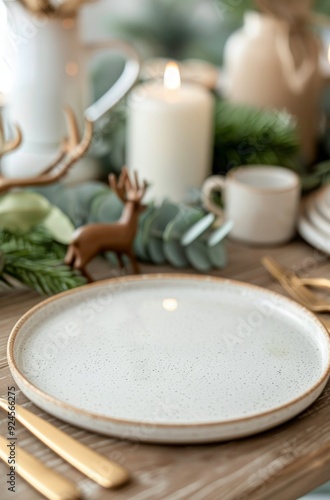 Beautifully Set Table for a Festive Dinner With Candles and Holiday Decor