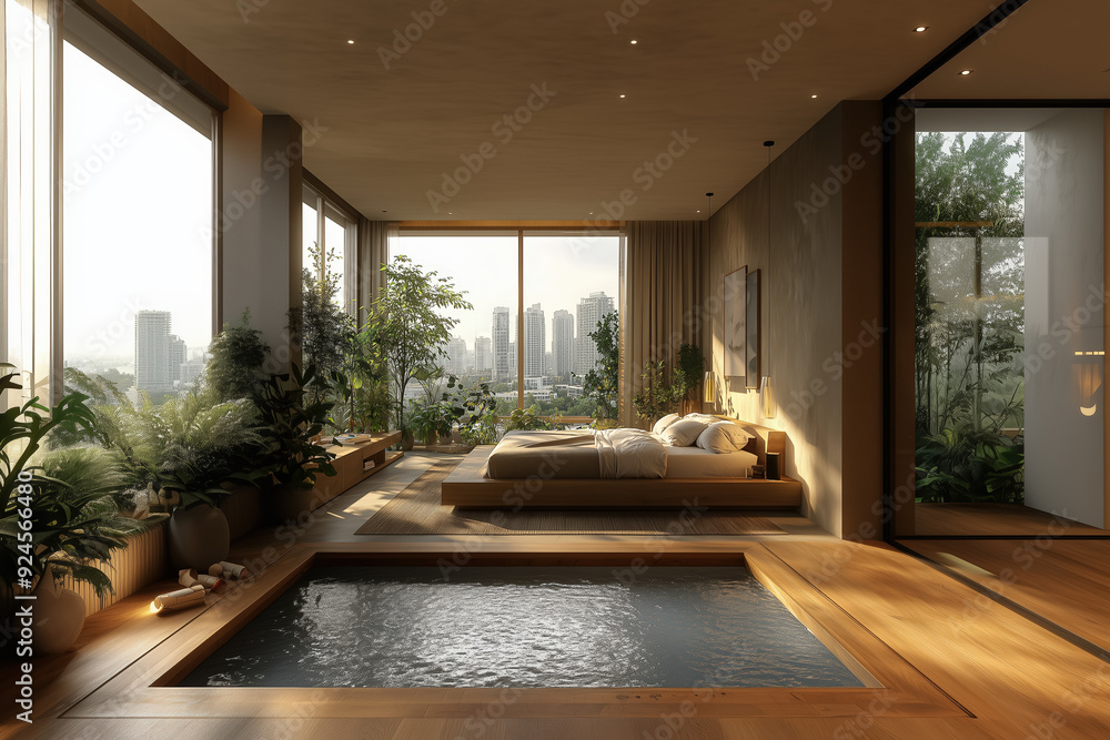Fototapeta premium Urban Serenity : A Tranquil Bedroom Oasis (Generative AI)