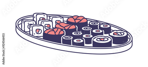 Sushi set on plate. Assorted rolls, traditional Japanese cuisine. Asian Japan food, meal platter with fresh salmon, fish, rice and nori. Flat vector illustration isolated on white background