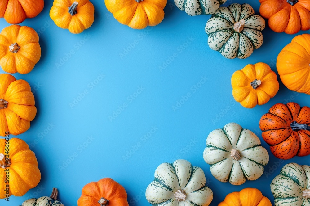 Thanksgiving pumpkins on a blue background with empty space. Generative Ai Thanksgiving pumpkins on a blue background with empty space. Generative Ai