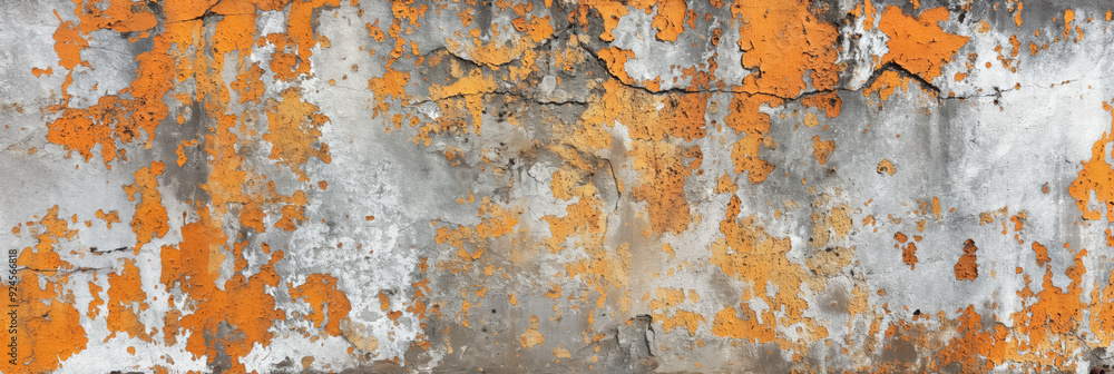 Abstract wall with peeling orange and white paint, creating a textured, weathered appearance. Abstract wall with peeling orange and white paint, creating a textured, weathered appearance.
