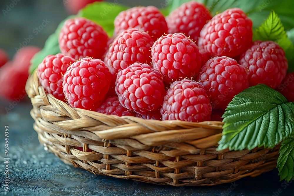 A wicker basket filled with fresh, ripe raspberries alongside green leaves set against a dark, rustic background, ideal for healthy eating, organic product advertising, or summer recipes, A wicker basket filled with fresh, ripe raspberries alongside green leaves set against a dark, rustic background, ideal for healthy eating, organic product advertising, or summer recipes,