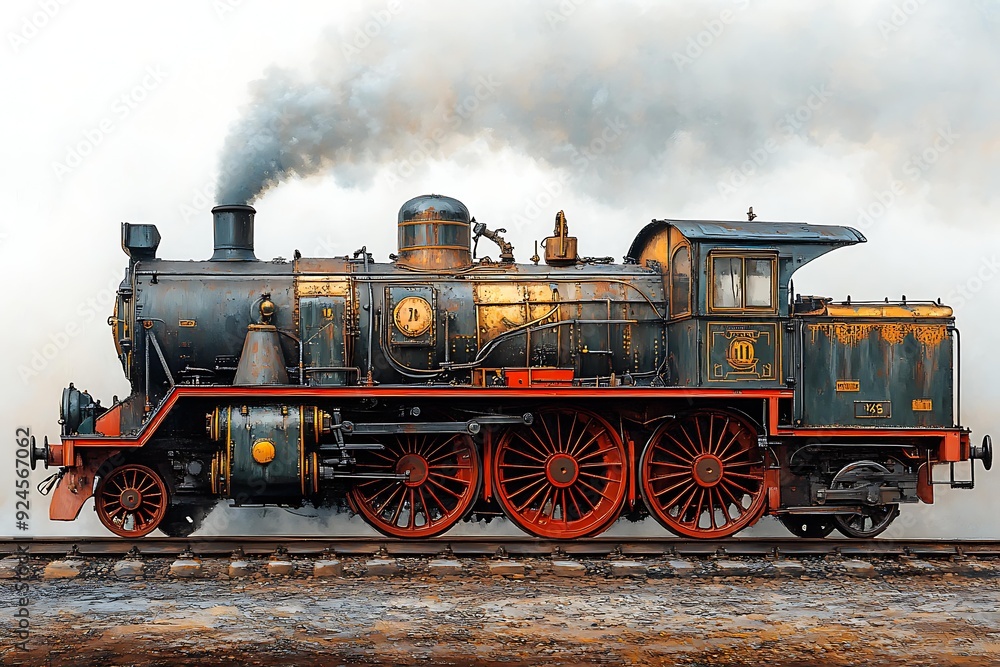 An old steam locomotive emits dense smoke, showcasing its vintage design and vibrant colors ideal for use in transportation-themed educational materials or historical content, An old steam locomotive emits dense smoke, showcasing its vintage design and vibrant colors ideal for use in transportation-themed educational materials or historical content,