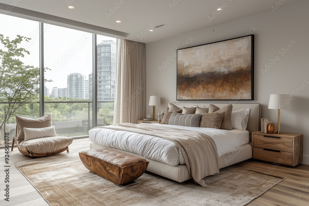 Fototapeta premium Urban Serenity : A Tranquil Bedroom Oasis (Generative AI)