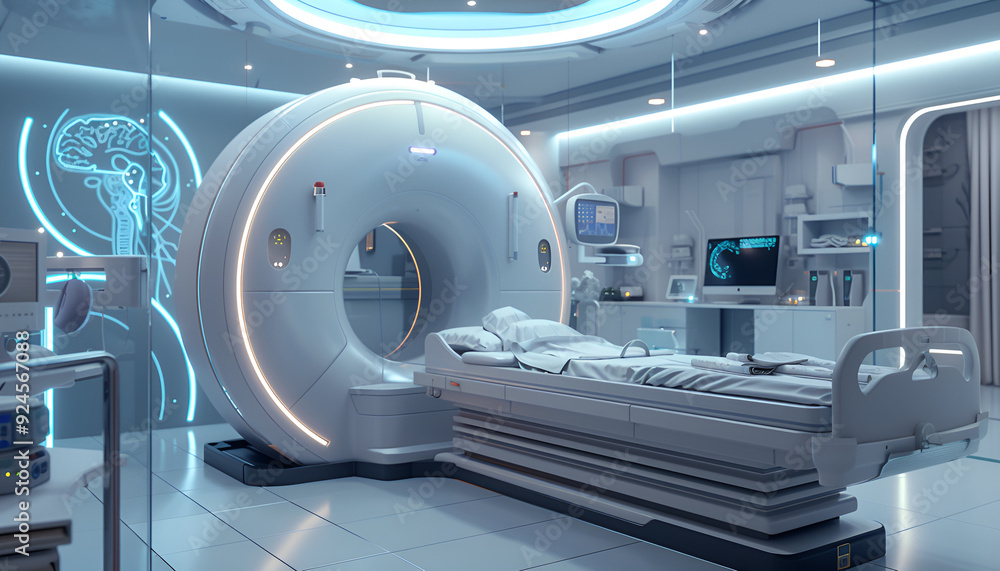 futuristic MRI machine in a pristine hospital room symbolizes advanced technology futuristic MRI machine in a pristine hospital room symbolizes advanced technology