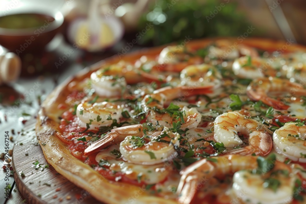 A delicious pizza topped with shrimp, herbs, and cheese, ready to be enjoyed. A delicious pizza topped with shrimp, herbs, and cheese, ready to be enjoyed.