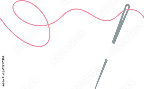 Embroidery needle and thread logo, flat sewing supplies illustration, doodle dressmaking accessories element, hand drawn embroidery tool design, cartoon tailor decoration object,