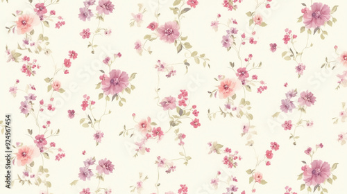 A vintage pink and green small floral pattern on a cream background.seamless wallpaper, patterns, background, backdrop, wallpaper 