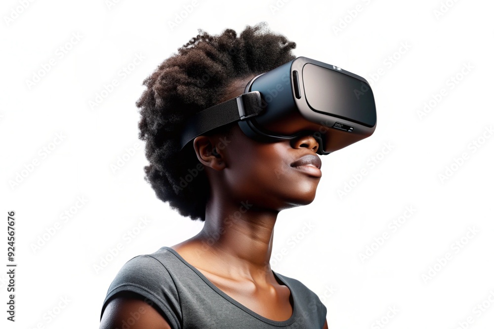 An African American woman engages with virtual reality, wearing a headset, set against a clean white backdrop An African American woman engages with virtual reality, wearing a headset, set against a clean white backdrop