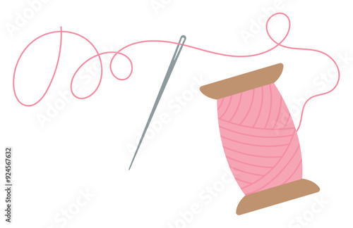 Sewing bobbin and needle badge, vector tailor supplies illustration, cartoon sewing accessories element, flat fashion decoration object, hand drawn dressmaking tool design,
