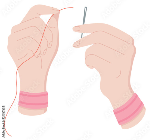 Hand sewing badge, vector sewing supplies illustration, flat tailor craft accessories object, doodle dressmaking tool design, cartoon fashion decoration element,