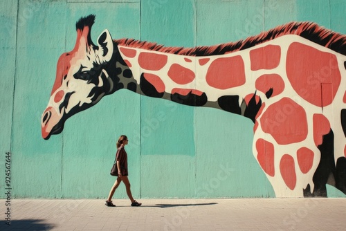 A person walks in front of a wall painted with a giraffe, making it look like the giraffe's neck is the person's neck photo