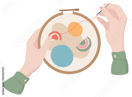 Hand embroidering sticker, hand drawn embroidery accessories illustration, cartoon sewing craft tool design, doodle dressmaking supplies element, vector tailor decoration object,
