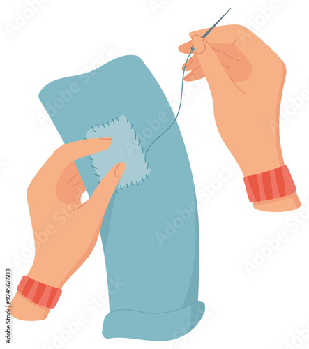 Hands sewing sticker, vector tailor accessories element, hand drawn fashion tool illustration, cartoon embroidery supplies design, doodle sewing craft decoration object,